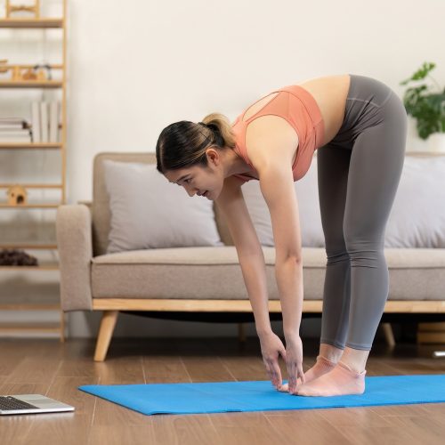 Young woman Exercising At Laptop Having Online Training At Home